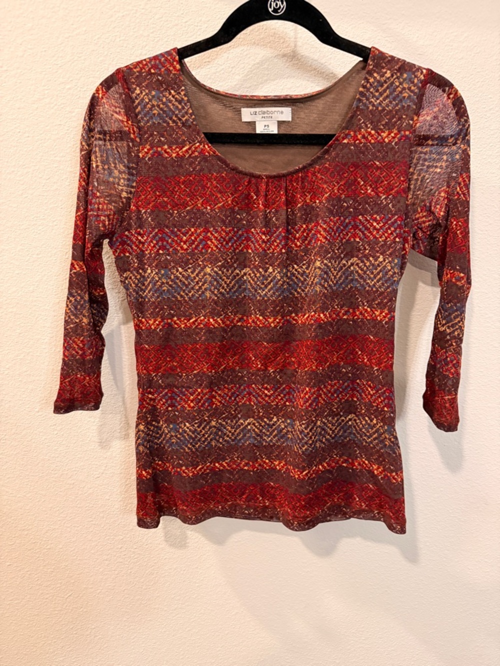 Liz Claiborne Red Multicolor Patterned Scoop Neck Top